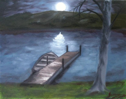 Night scene with a boat dock and the moon.